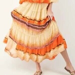 NWT Easel Women's Orange and Cream Tiered Lined Maxi Skirt L